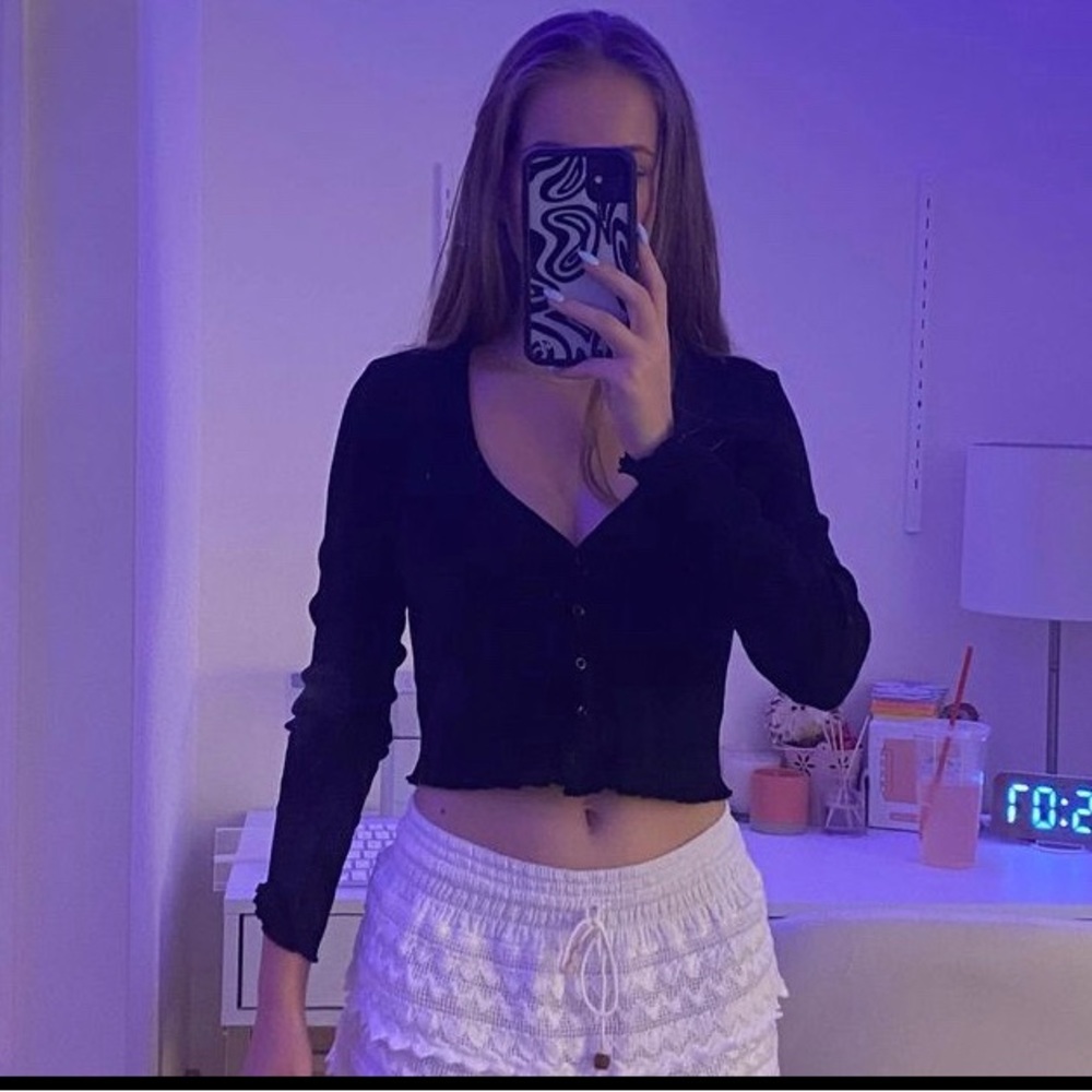 Deep V black, ribbed, button up long sleeve shirt
